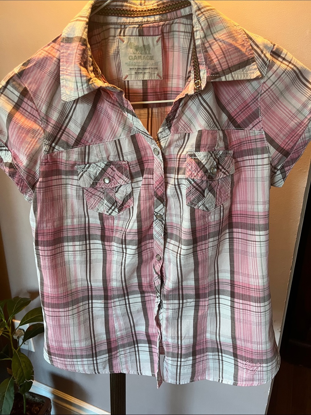 Garage Pink and White Plaid Short-Sleeve Snap-Down Shirt